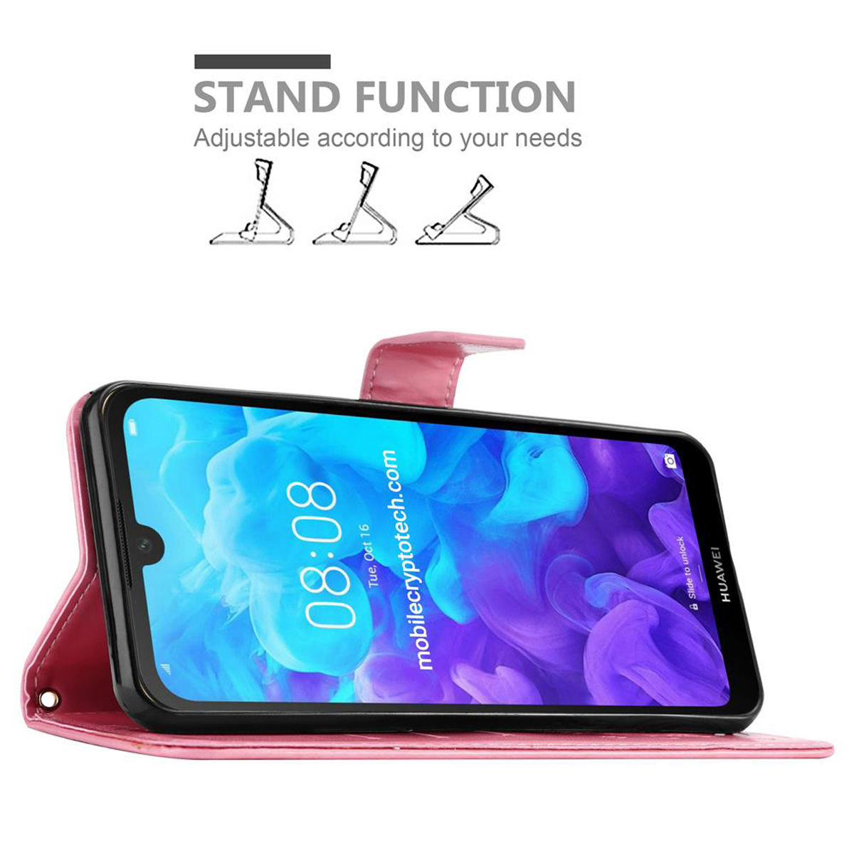 Custodia rosa, aperta. Lo schermo mostra un display digitale. Testo: 'Stand Function'.