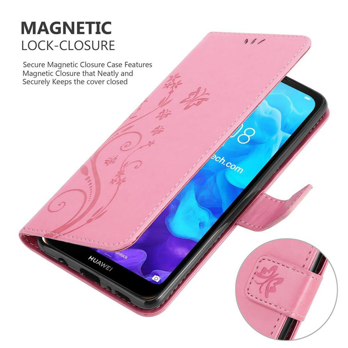 Custodia per telefono rosa aperta per mostrare un telefono all'interno. Sovrapposizione di testo. Design floreale sul lato.