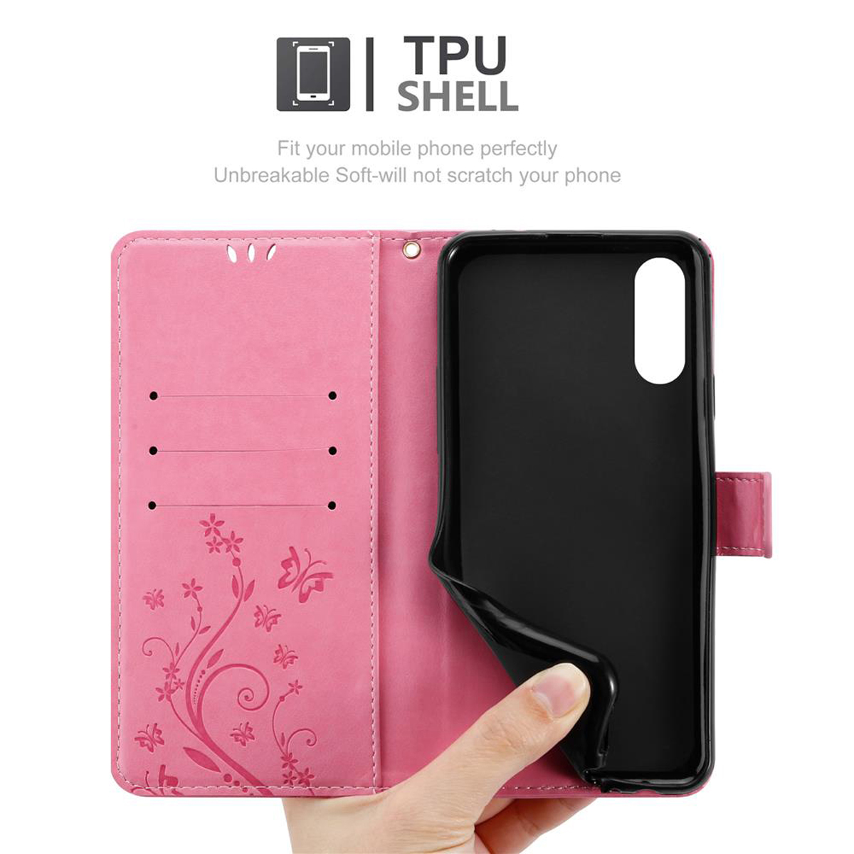 Custodia per telefono rosa con un telefono nero all'interno. La custodia ha un design floreale e dettagli di farfalle.