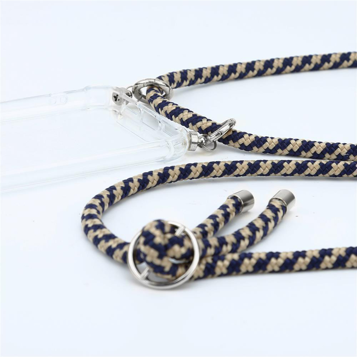 Custodia trasparente con cinturino in corda blu-beige, con attacchi metallici. Il cinturino ha un motivo a zig-zag.