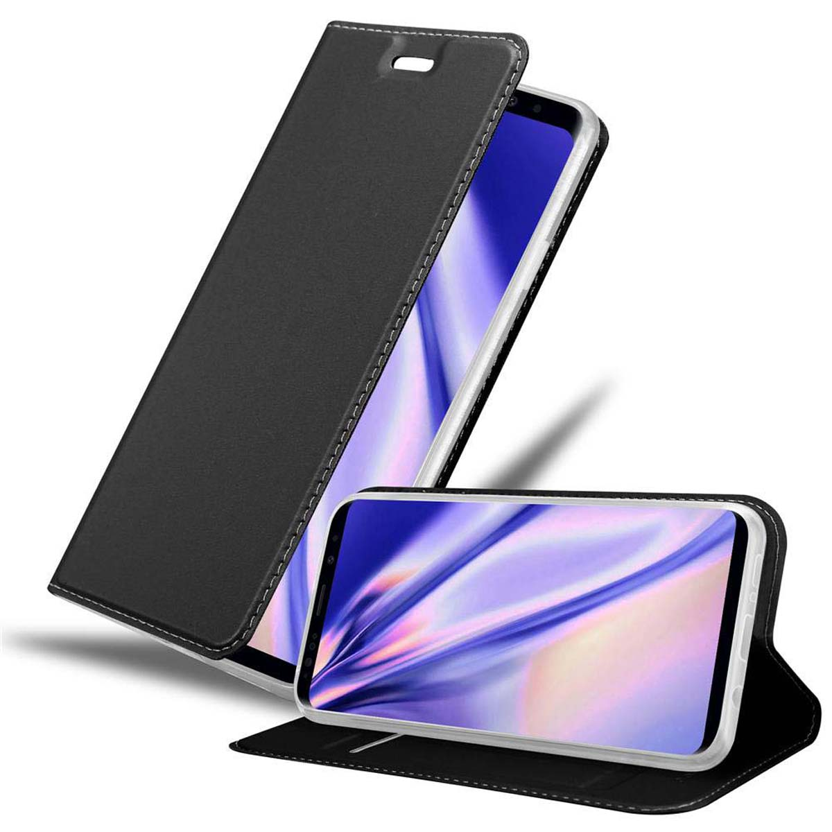 Schwarze Handyhülle geöffnet, zeigt ein Telefon mit einem lila und weißen Muster auf dem Bildschirm.