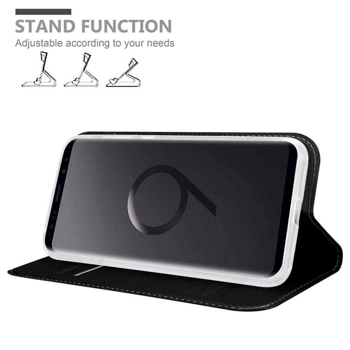Eine Handyhülle mit Handy, aufrecht stehend mit Ständer. Das Telefon zeigt ein großes 'O'.