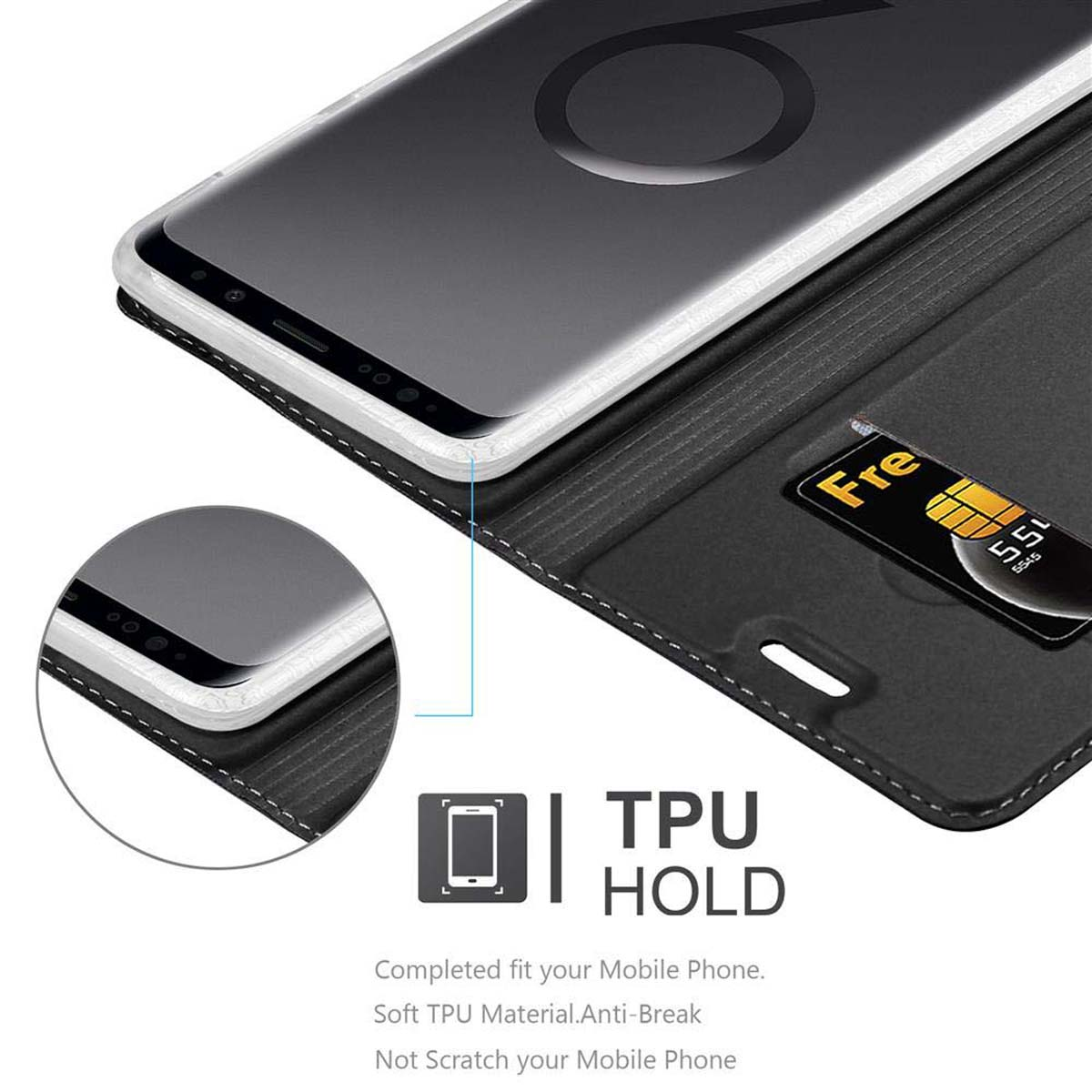 Schwarzes Telefon in geöffneter Hülle. Zeigt eine Karte. Hülle hat TPU HOLD Etikett.