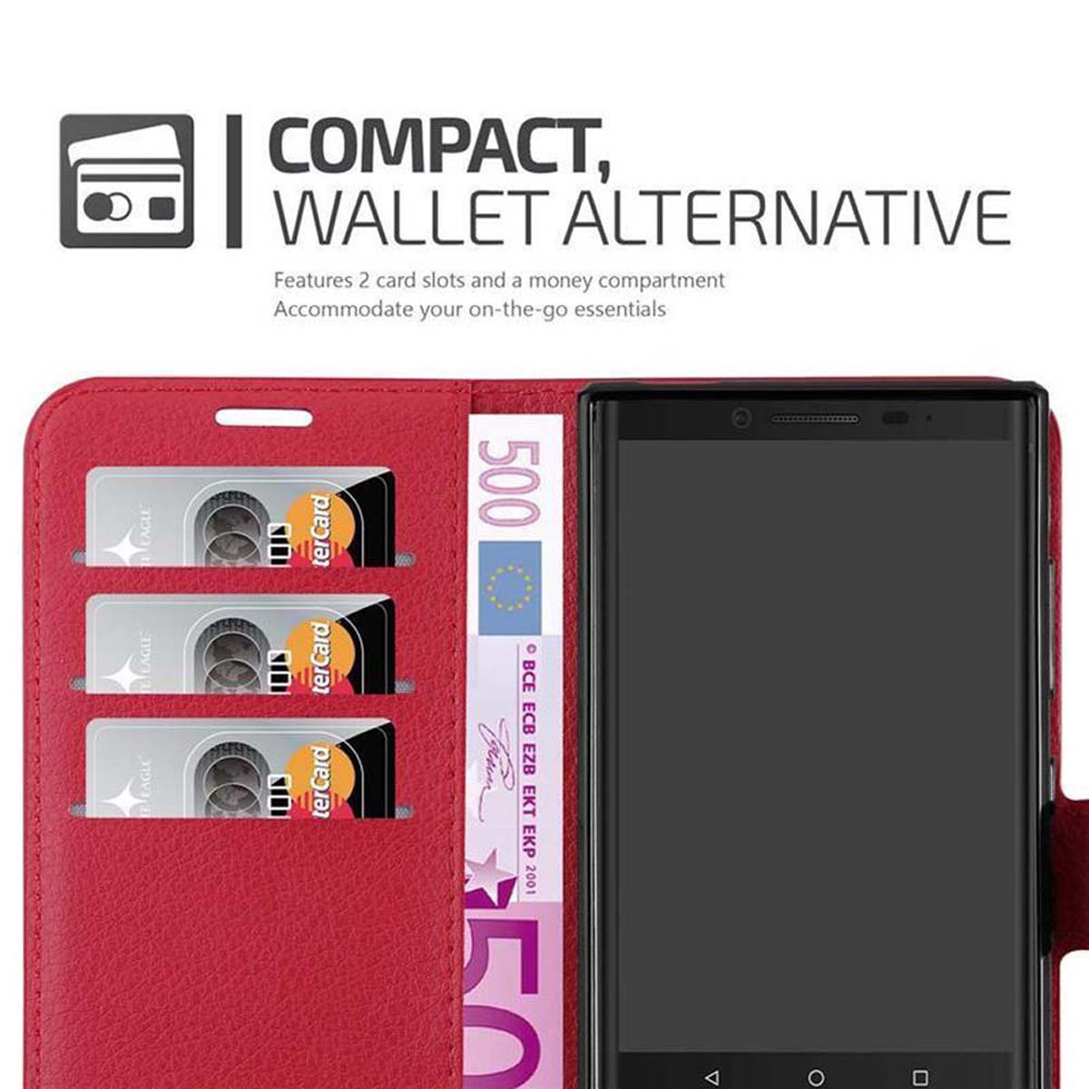 Eine rote Handyhülle mit einem Telefon und Karten darin. Eine 50-Euro-Banknote ist ebenfalls sichtbar.