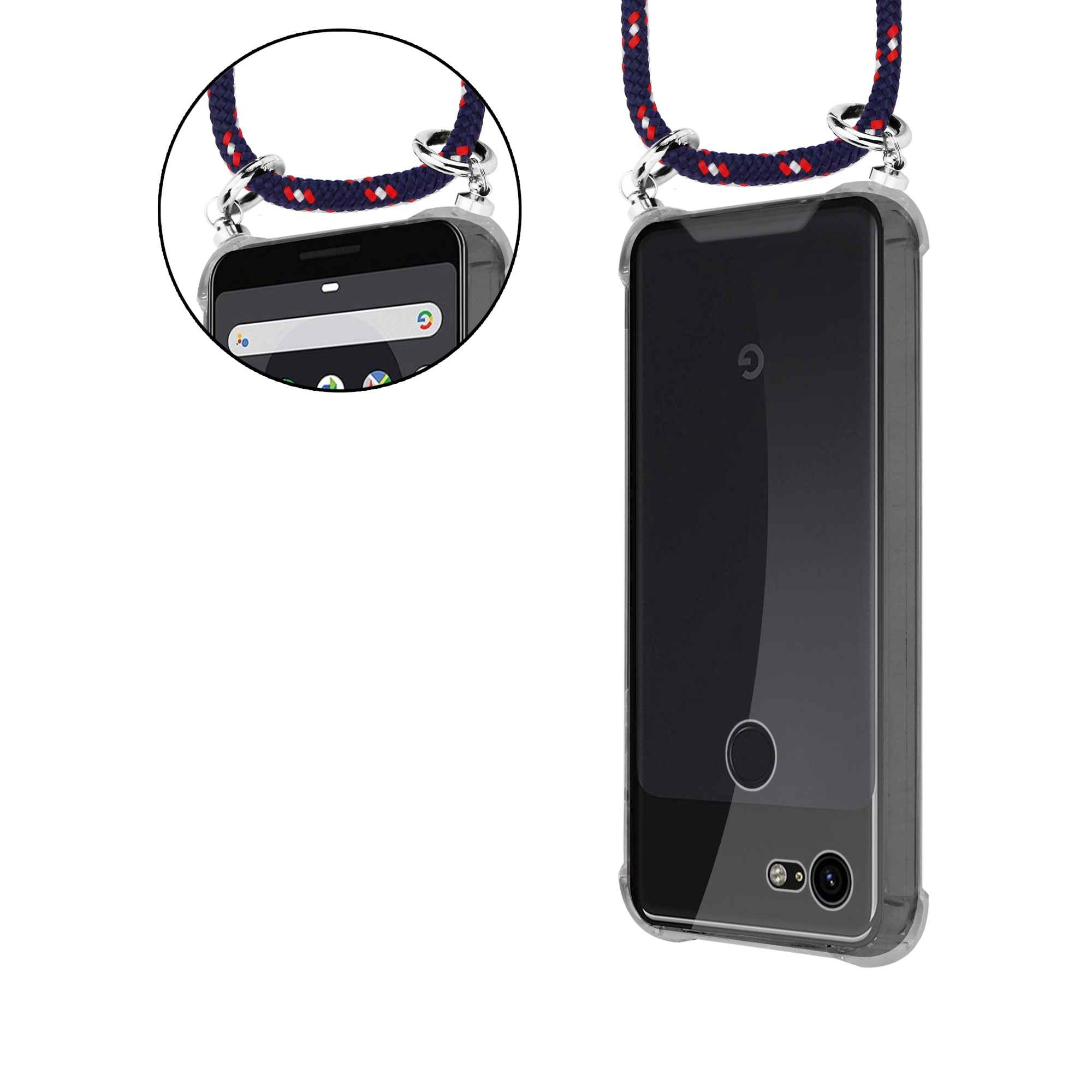 Transparente Handyhülle mit blau-rotem Seil. Telefon im Case sichtbar. Nahaufnahme.