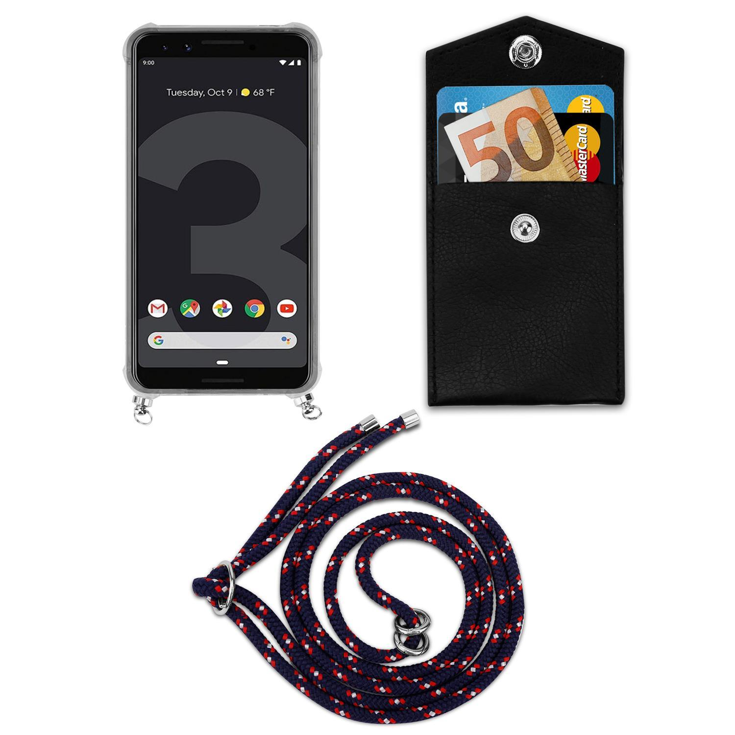 Schwarzes Telefon mit Lanyard. Telefon zeigt Zeit und Datum. Schwarze Geldbörsenhülle.