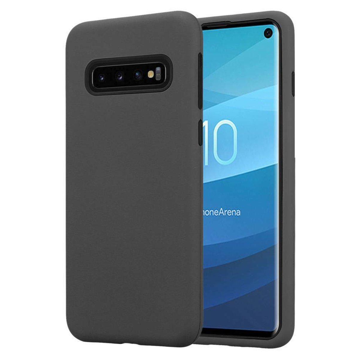 Dunkelgraue Handyhülle mit Telefon darin. Weißer Hintergrund.