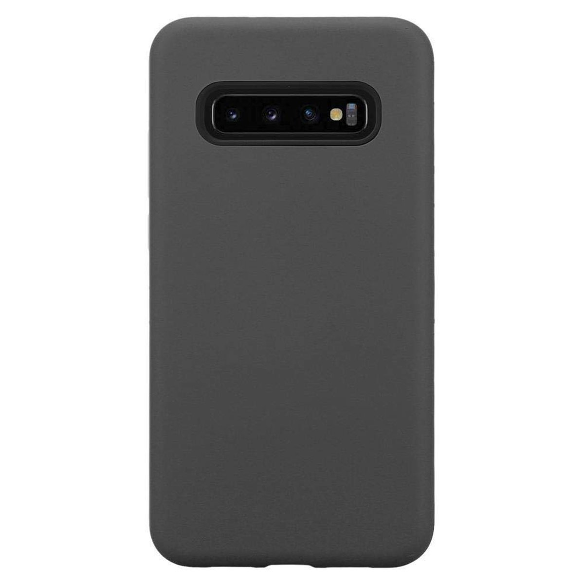 Dunkelgraue Handyhülle. Kamera- und Blitzöffnungen sichtbar. Sauberes, einfaches Design für ein Telefon.