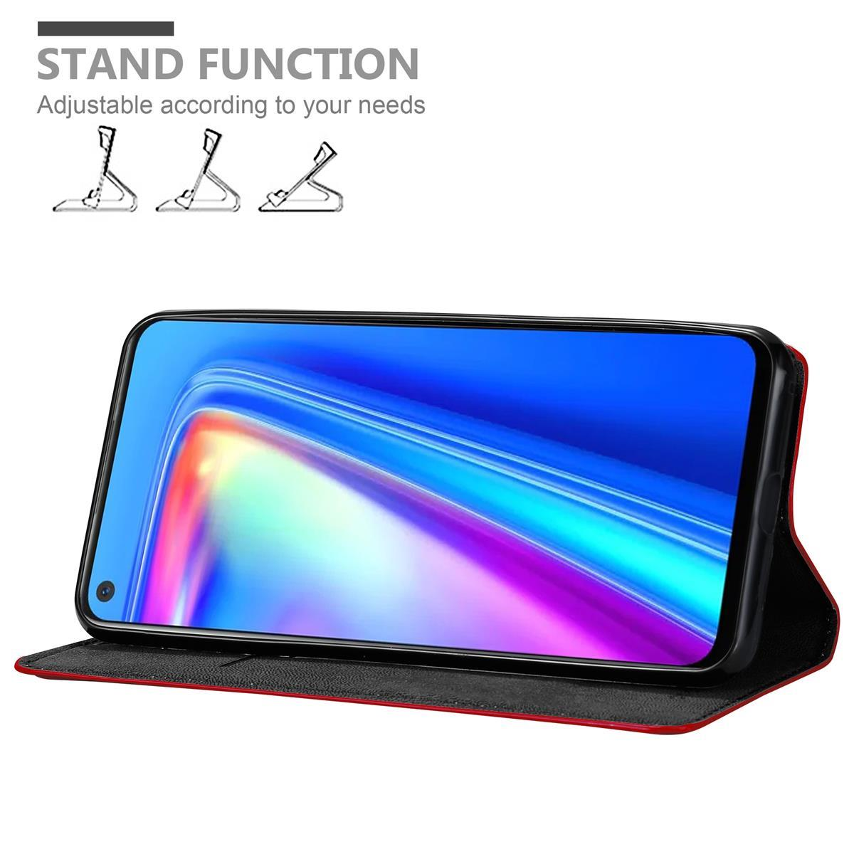 Telefono in custodia rossa, icone della funzione stand. Lo schermo mostra un design astratto colorato.