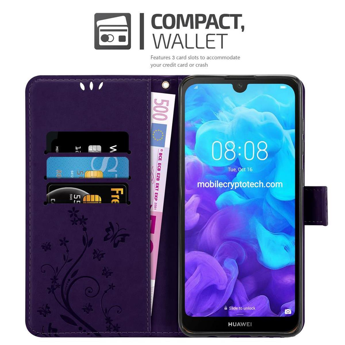 Portafoglio per telefono viola con scomparti per carte e un telefono. Una banconota da 500 euro. Il telefono mostra l'ora.