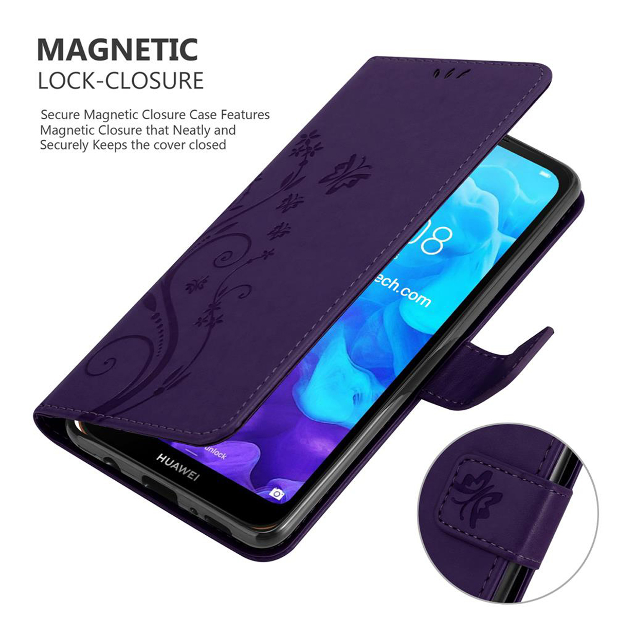 Custodia viola aperta, con telefono che mostra schermo. Include dettaglio chiusura magnetica.