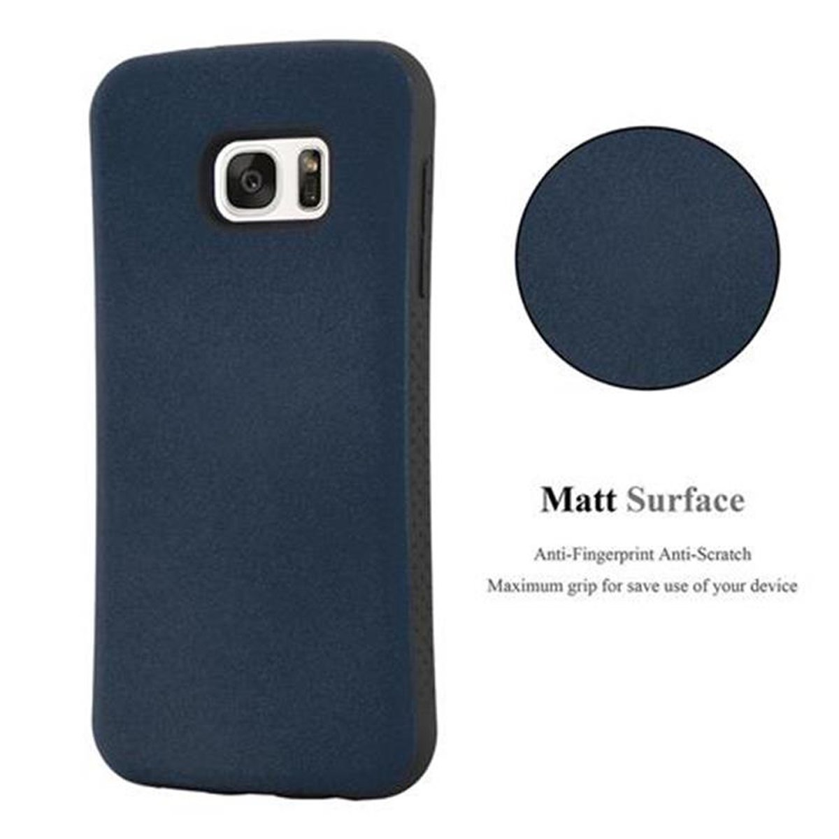 Una custodia per telefono blu scuro e un cerchio dello stesso colore. Le parole Matt Surface sono presenti.