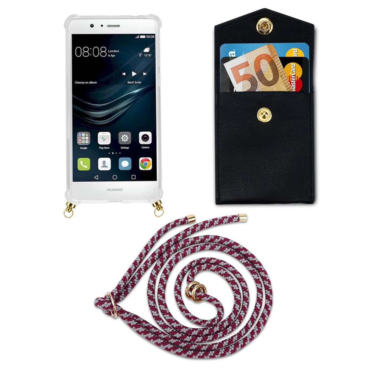 Ein Telefon, eine Handyhülle und ein Schlüsselband mit Kordel, das ein Telefon mit transparenter Hülle und einer Geldbörse zeigt.