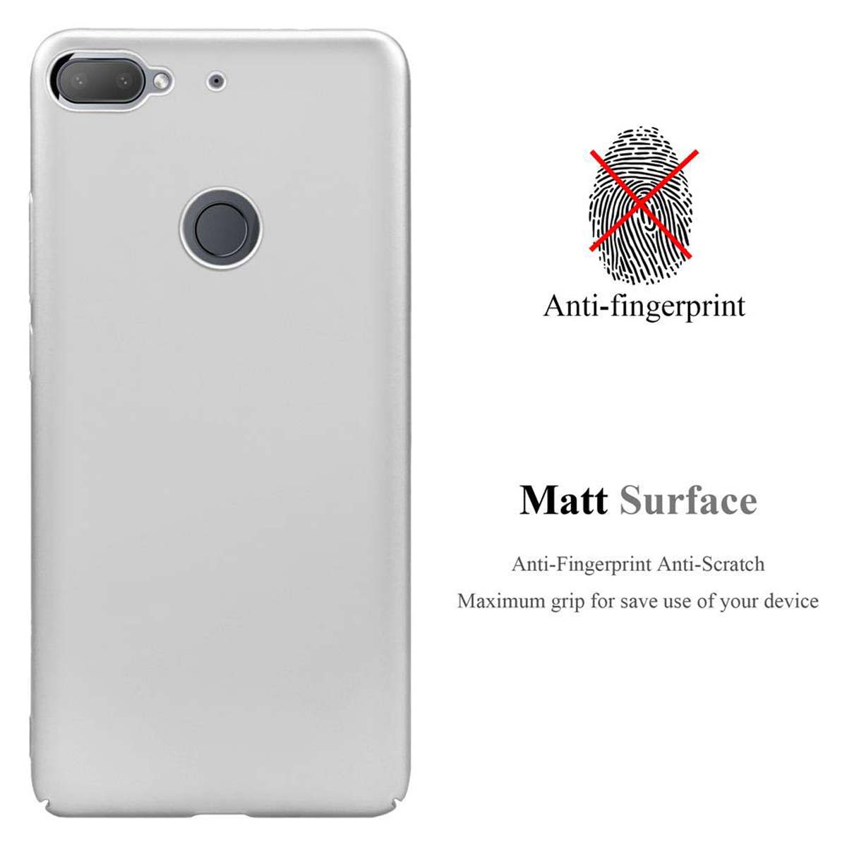 Cover argentata con telefono. Anti-impronte e superficie opaca sono evidenziate.