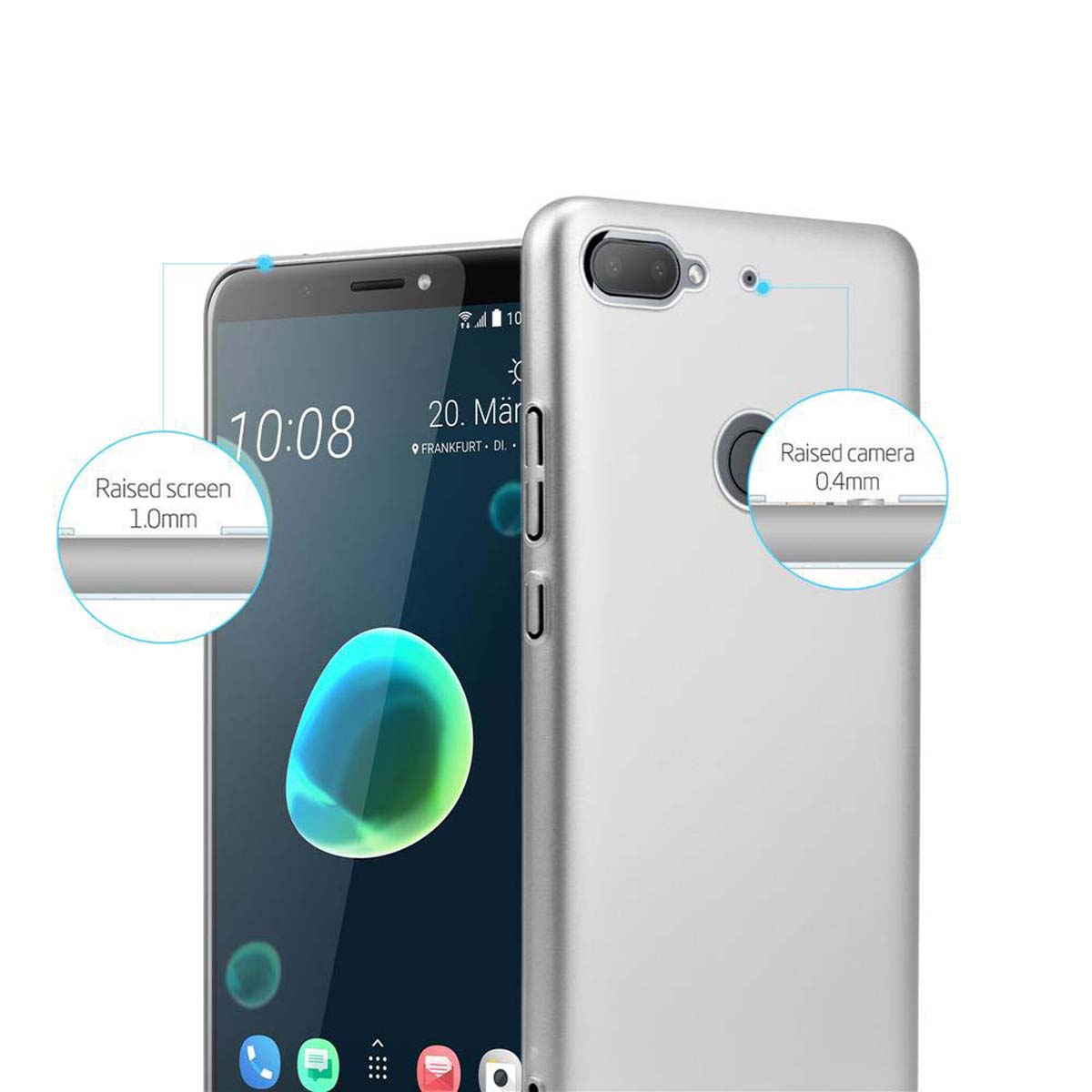 Telefono con custodia argentata. Sfondo bianco. Testo: Schermo e fotocamera rialzati.