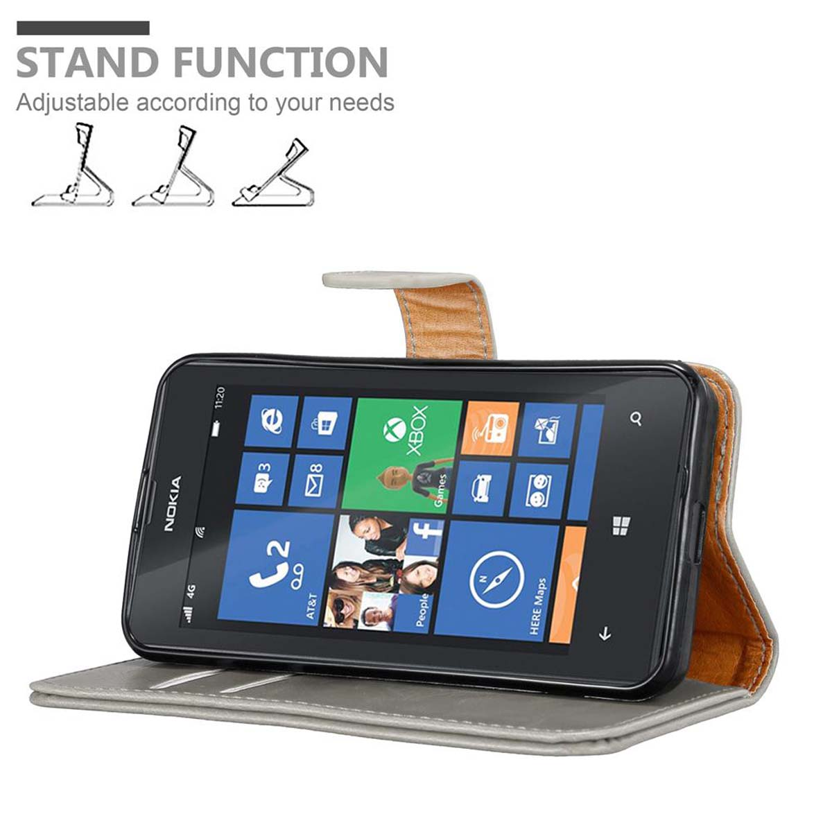 Custodia per telefono con telefono all'interno. Il telefono mostra il logo Nokia e le icone delle app.