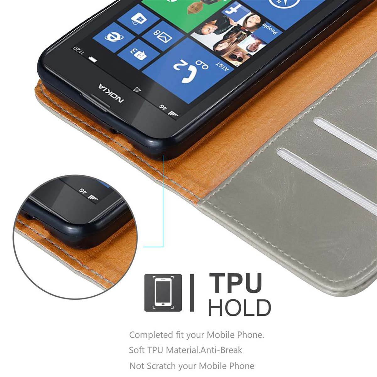 Custodia del telefono aperta con un telefono e una carta di credito. La custodia ha fessure per carte. Il testo dice TPU HOLD.