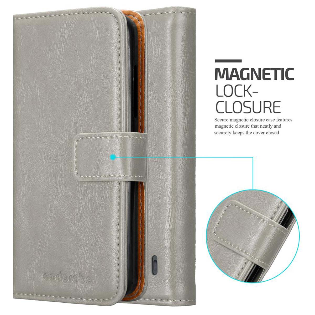 Custodia per telefono in pelle grigia con chiusura magnetica. La custodia è chiusa con un cinturino.