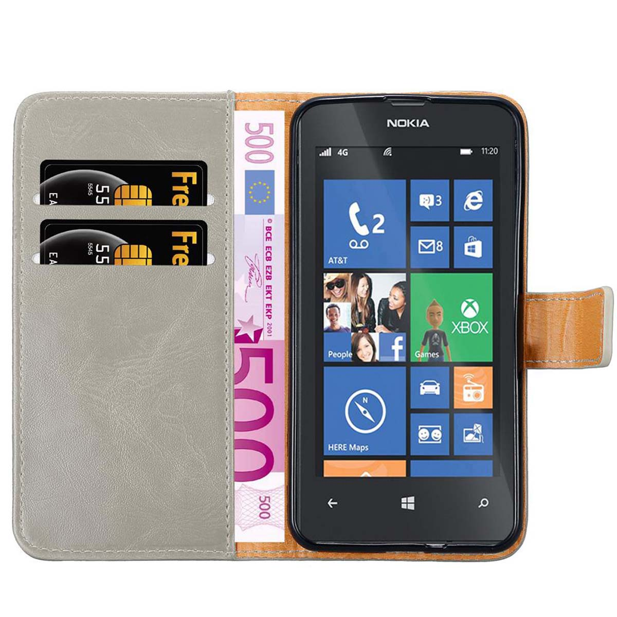 Un telefono in una custodia a portafoglio con denaro e carte di credito. Logo Nokia sullo schermo.