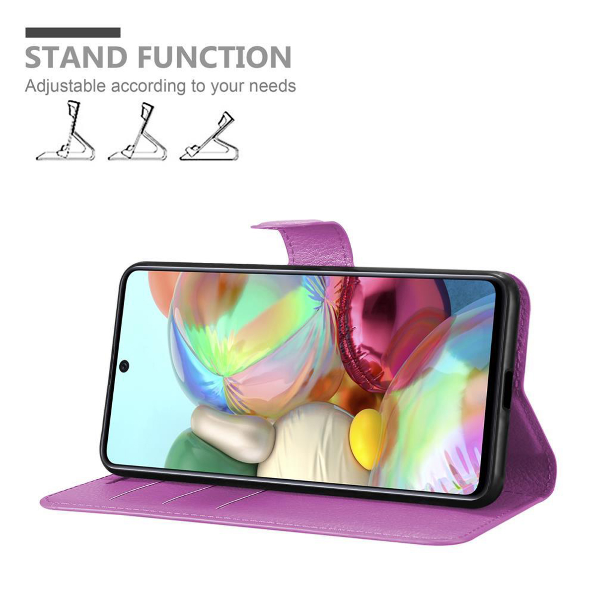 Custodia viola con telefono all'interno, utilizzata come supporto. Lo schermo del telefono è rivolto verso lo spettatore.