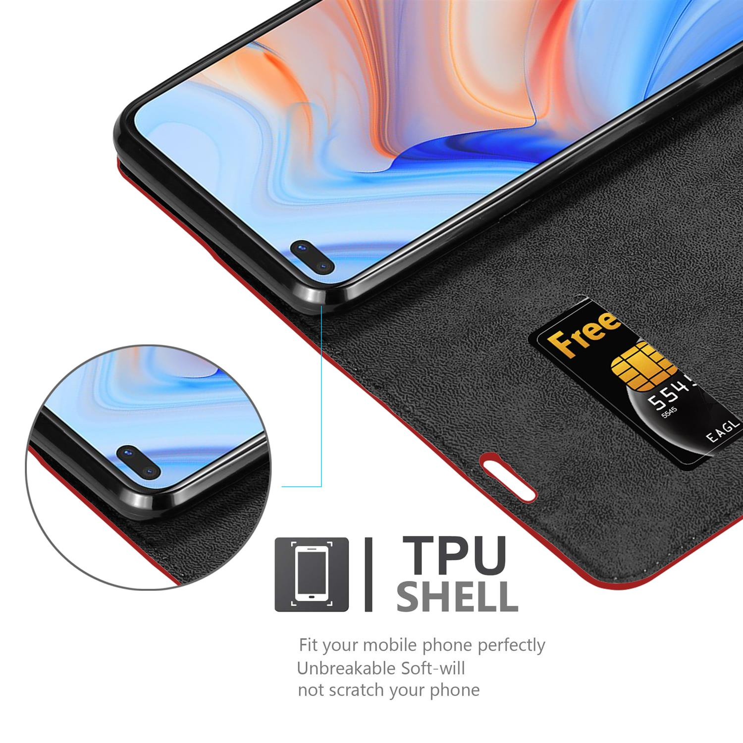 Eine schwarze Handyhülle ist offen und zeigt ein Smartphone mit rotem Rahmen und eine Karte.