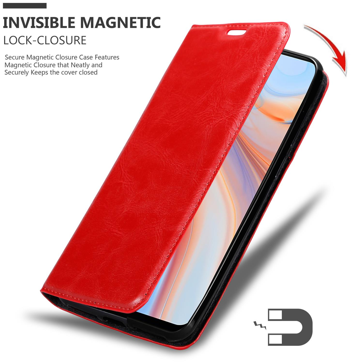 Rote Handyhülle, offen. Text: Unsichtbarer Magnetverschluss. Telefon in Hülle.