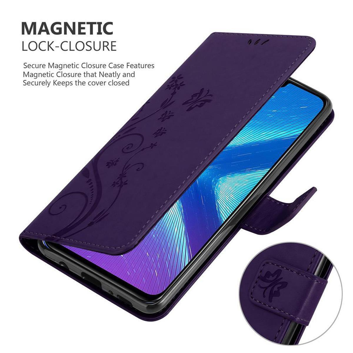 Custodia per telefono viola aperta, schermo visibile. Chiusura magnetica e design floreale.