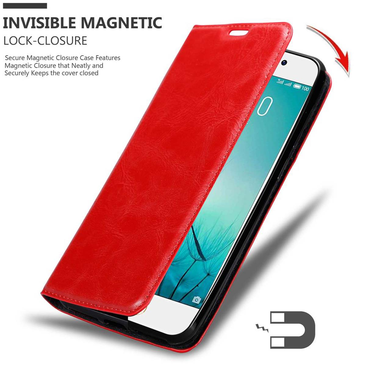 Una custodia per telefono rossa è aperta, rivelando un telefono. Testo: 'Chiusura magnetica invisibile'. Viene mostrato un magnete.