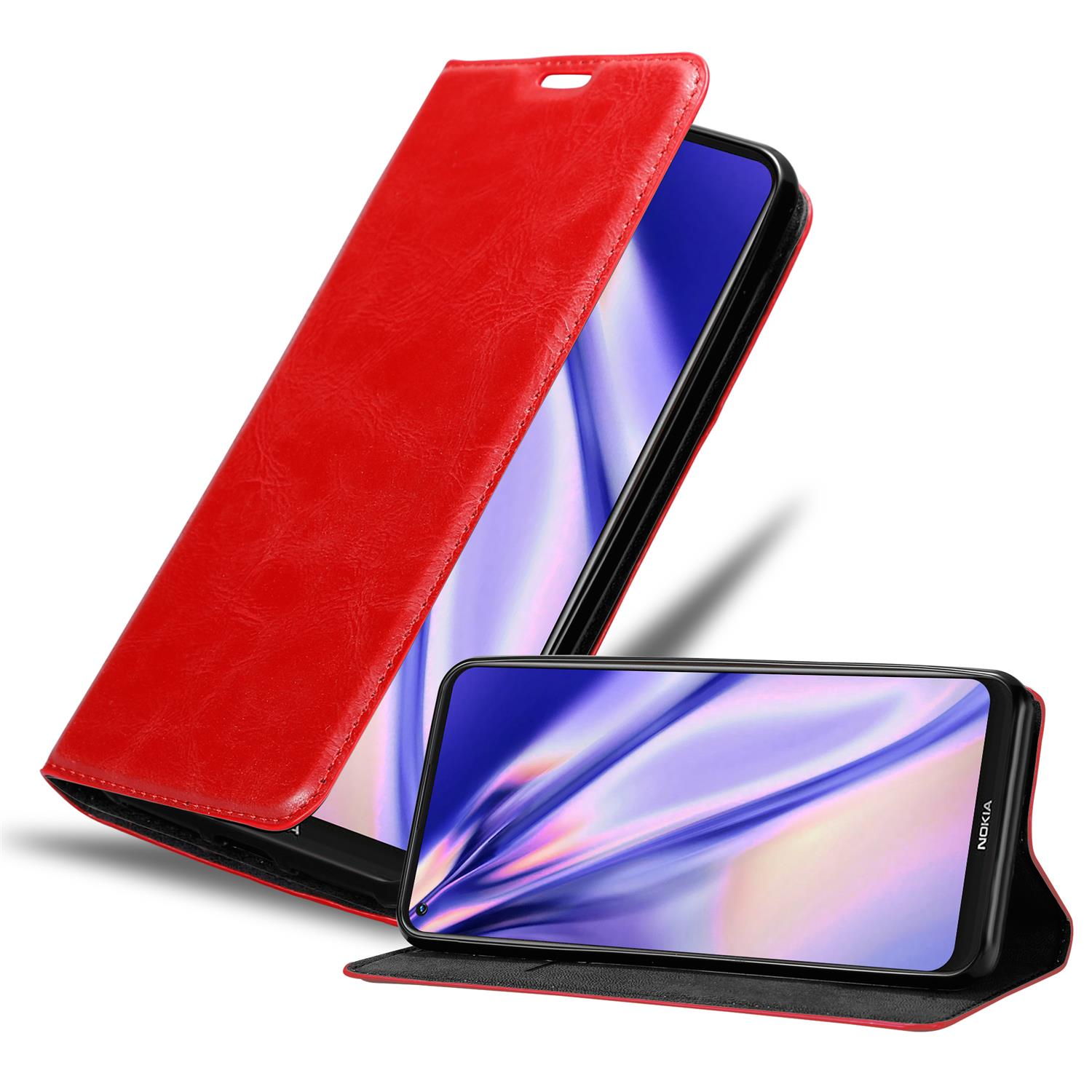 Custodia rossa con un telefono all'interno. Lo schermo del telefono mostra la schermata iniziale.