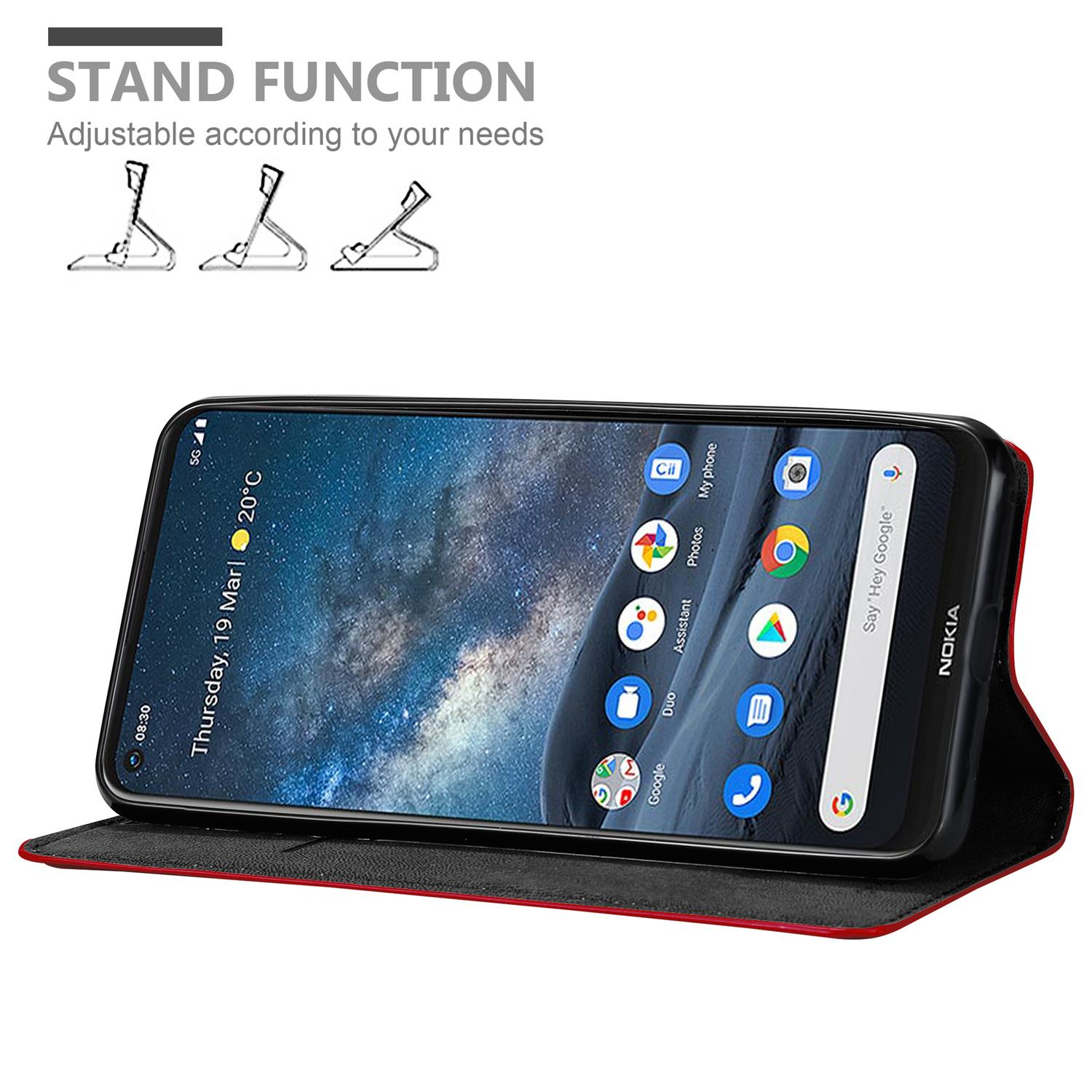 Una custodia per telefono rossa con un telefono all'interno, in piedi. La custodia ha una funzione di supporto.