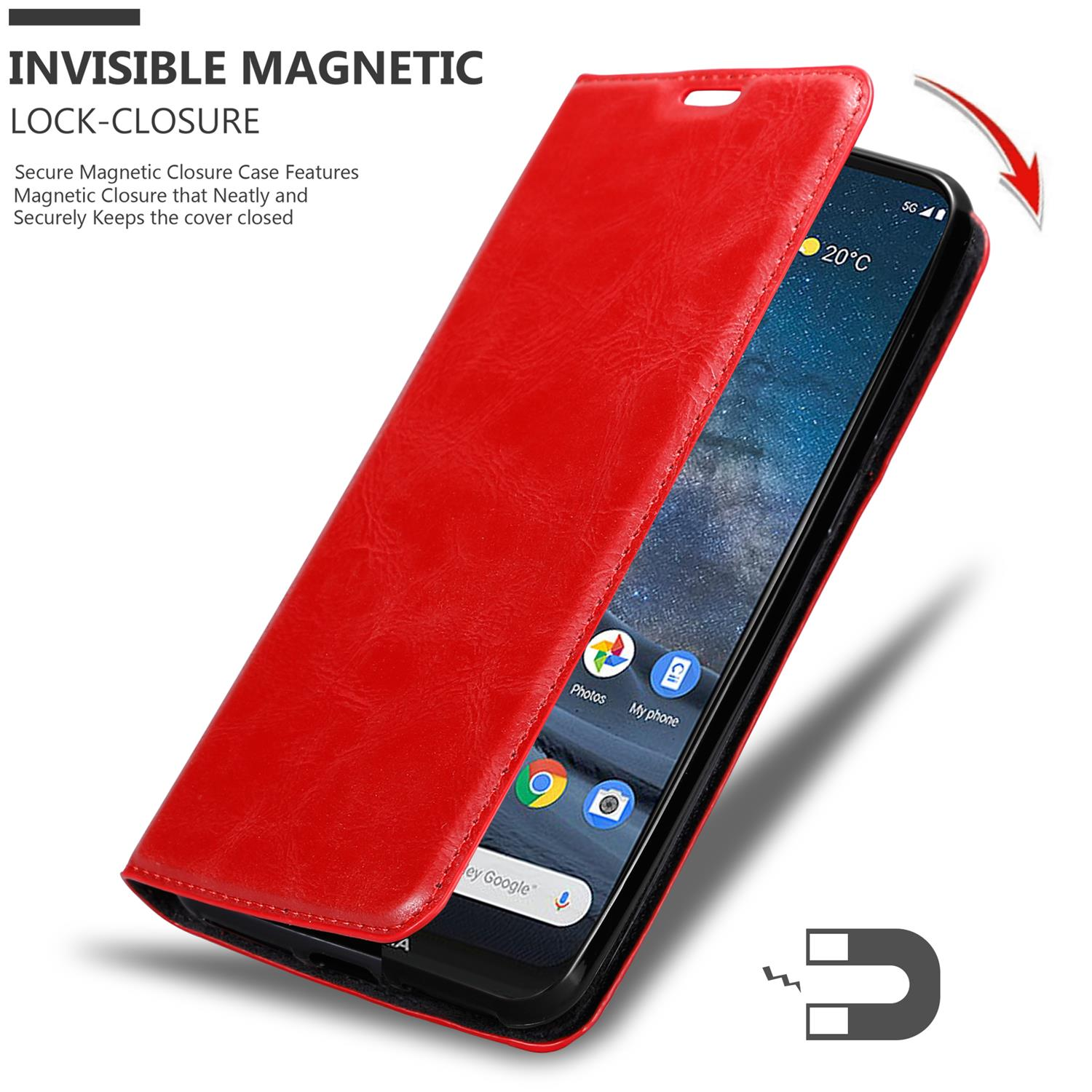 Custodia per telefono rossa con coperchio aperto che mostra lo schermo del telefono con icone e un magnete.