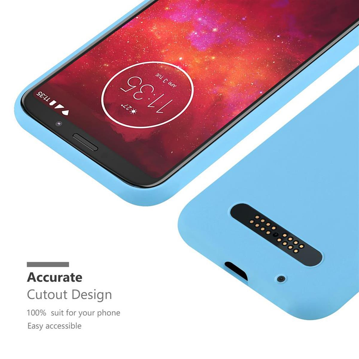 Custodia blu per telefono con telefono che mostra l'ora. Testo: 'Accurate Cutout Design'.