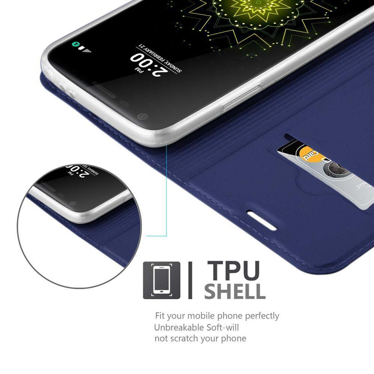 Custodia blu per telefono aperta, con un telefono all'interno. Il telefono mostra l'ora.