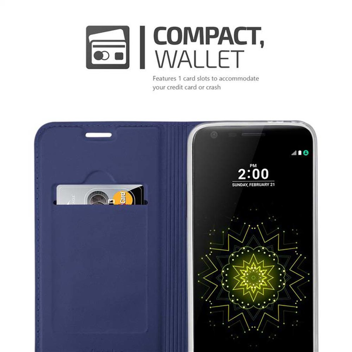 Una custodia per telefono blu a portafoglio è mostrata aperta, rivelando uno slot per carte con una carta di credito e lo schermo del telefono.