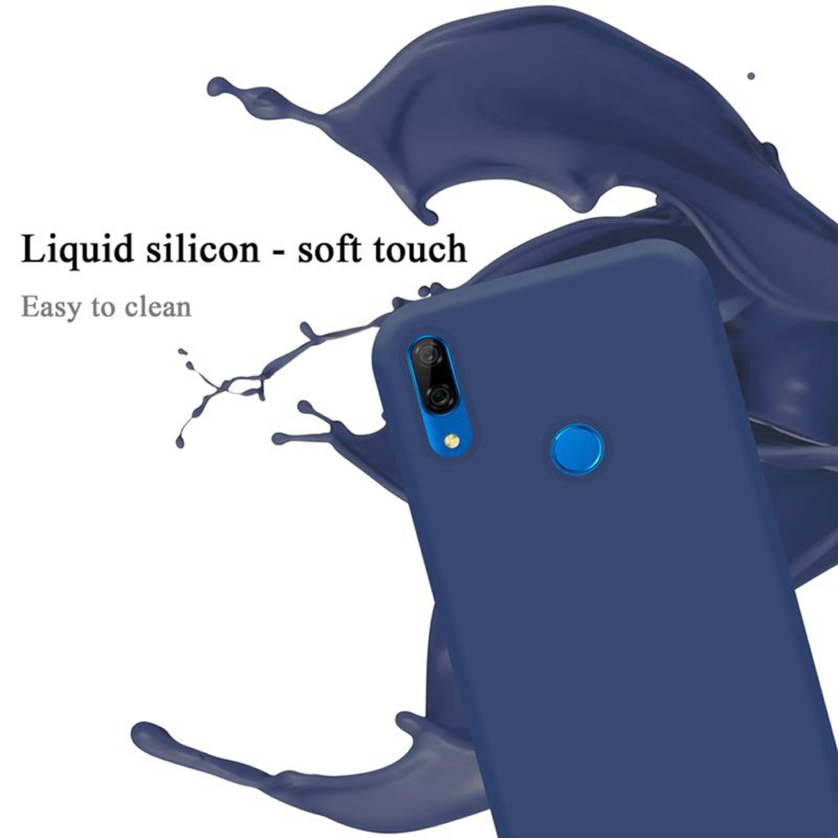 Blaue Handyhülle mit flüssigem Silikon, Spritzeffekt. Ein blaues Telefon ist sichtbar.