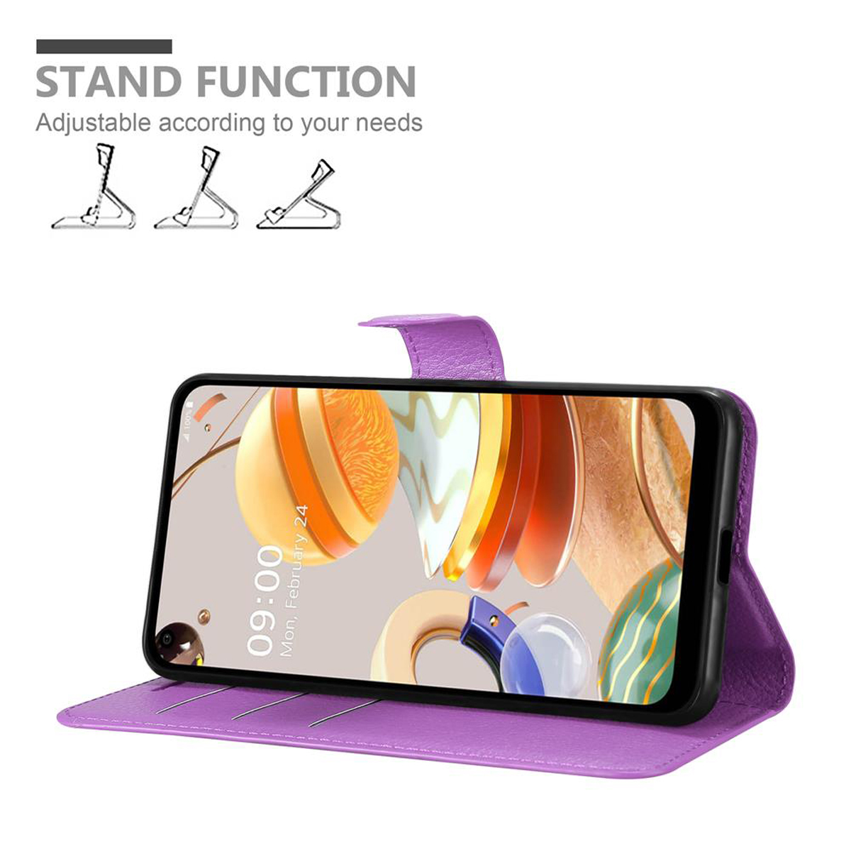 Custodia viola per telefono in posizione stand con telefono. Il telefono mostra l'ora. Testo: Funzione stand. Sfondo bianco.
