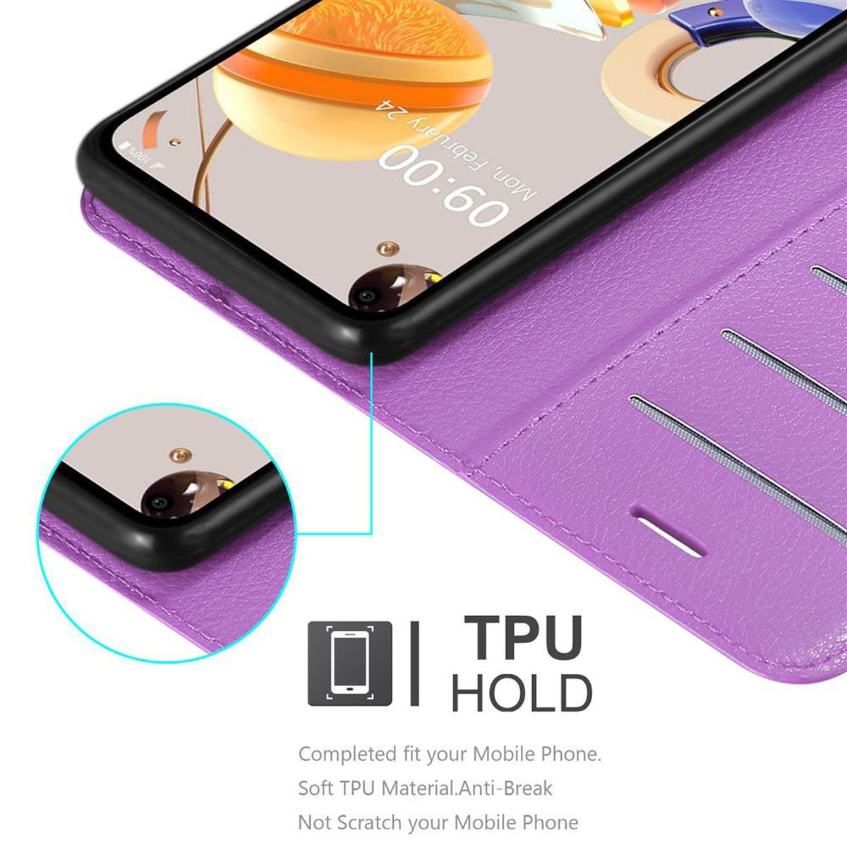 Custodia per telefono viola con un telefono che mostra l'ora e un portafoglio con fessure. TPU HOLD.