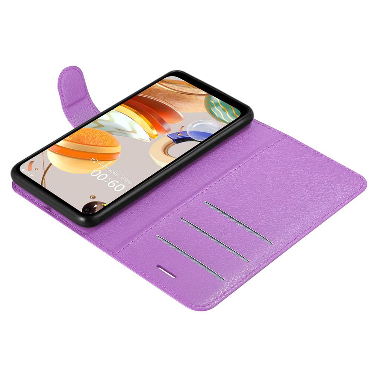 Custodia del telefono viola aperta. Telefono nero all'interno. Fessure per carte visibili. Ora sullo schermo.