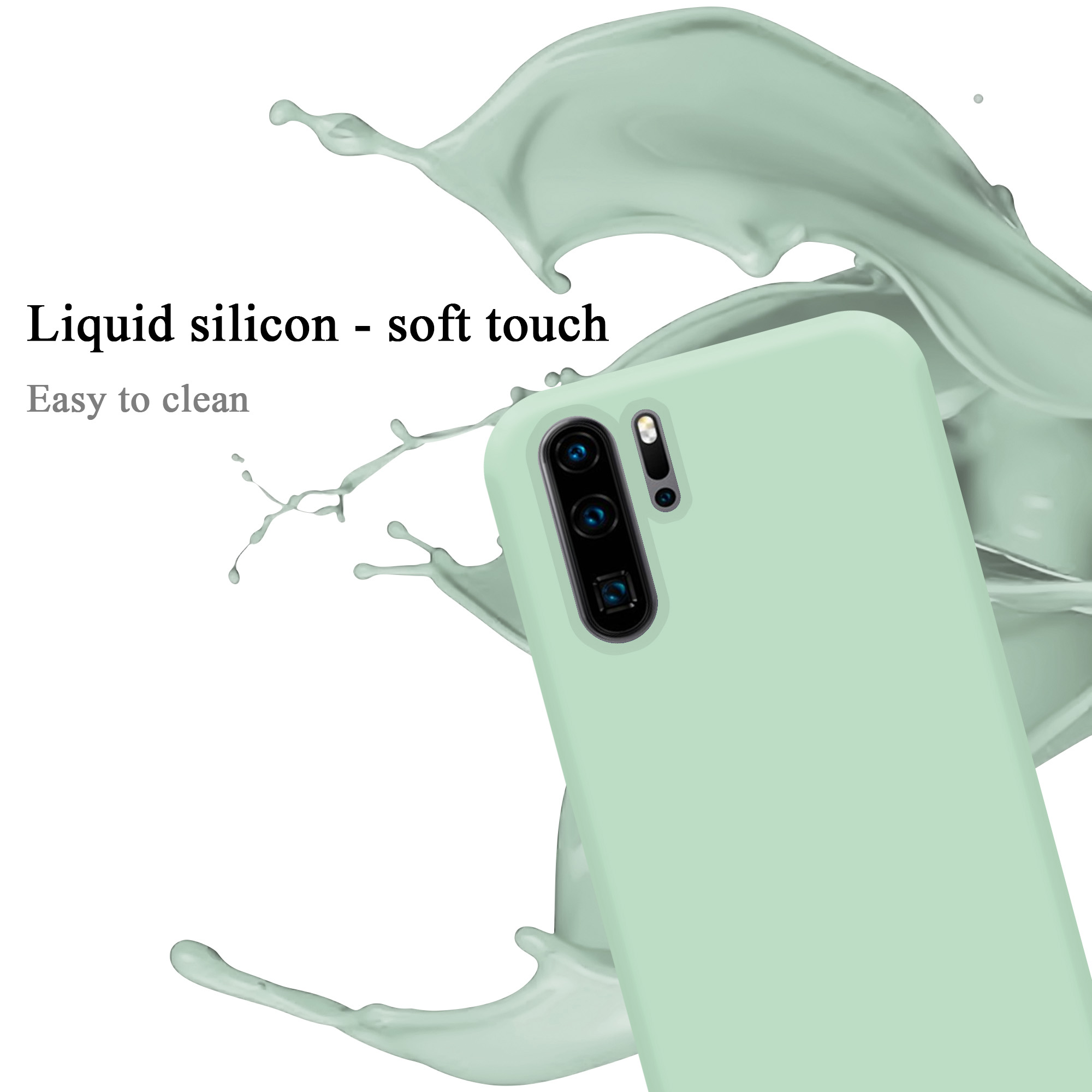 Hellgrünes Telefon mit drei Kameras. Flüssiges Silikonspray auf der Rückseite. Text: 'Liquid silicon - soft touch'.