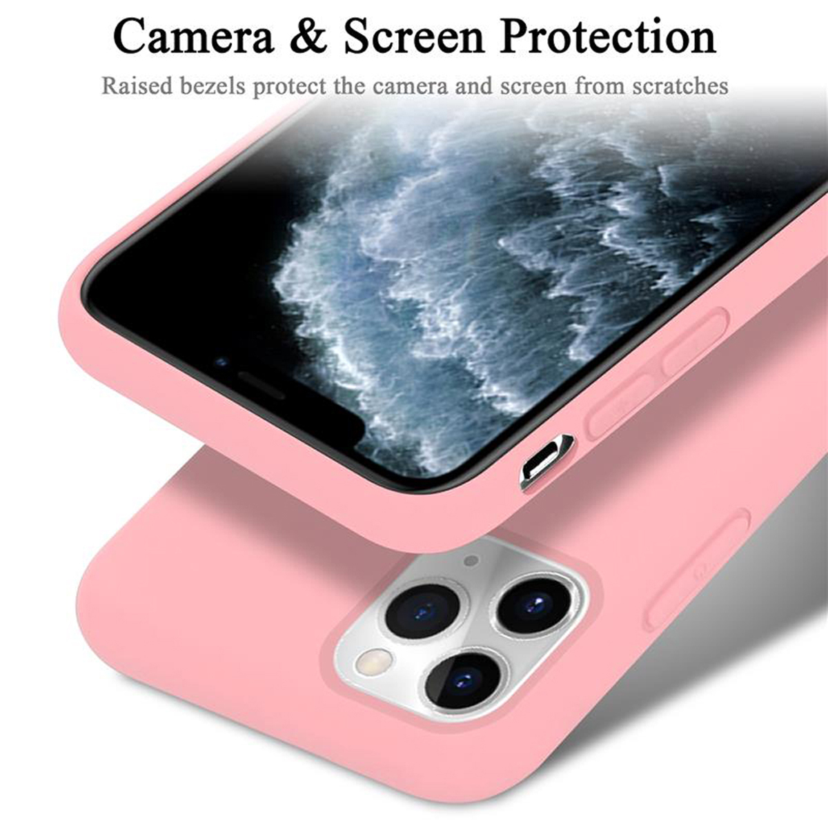 Custodia per telefono rosa con bordi rialzati, che protegge la fotocamera e lo schermo. Il telefono viene mostrato con la custodia.