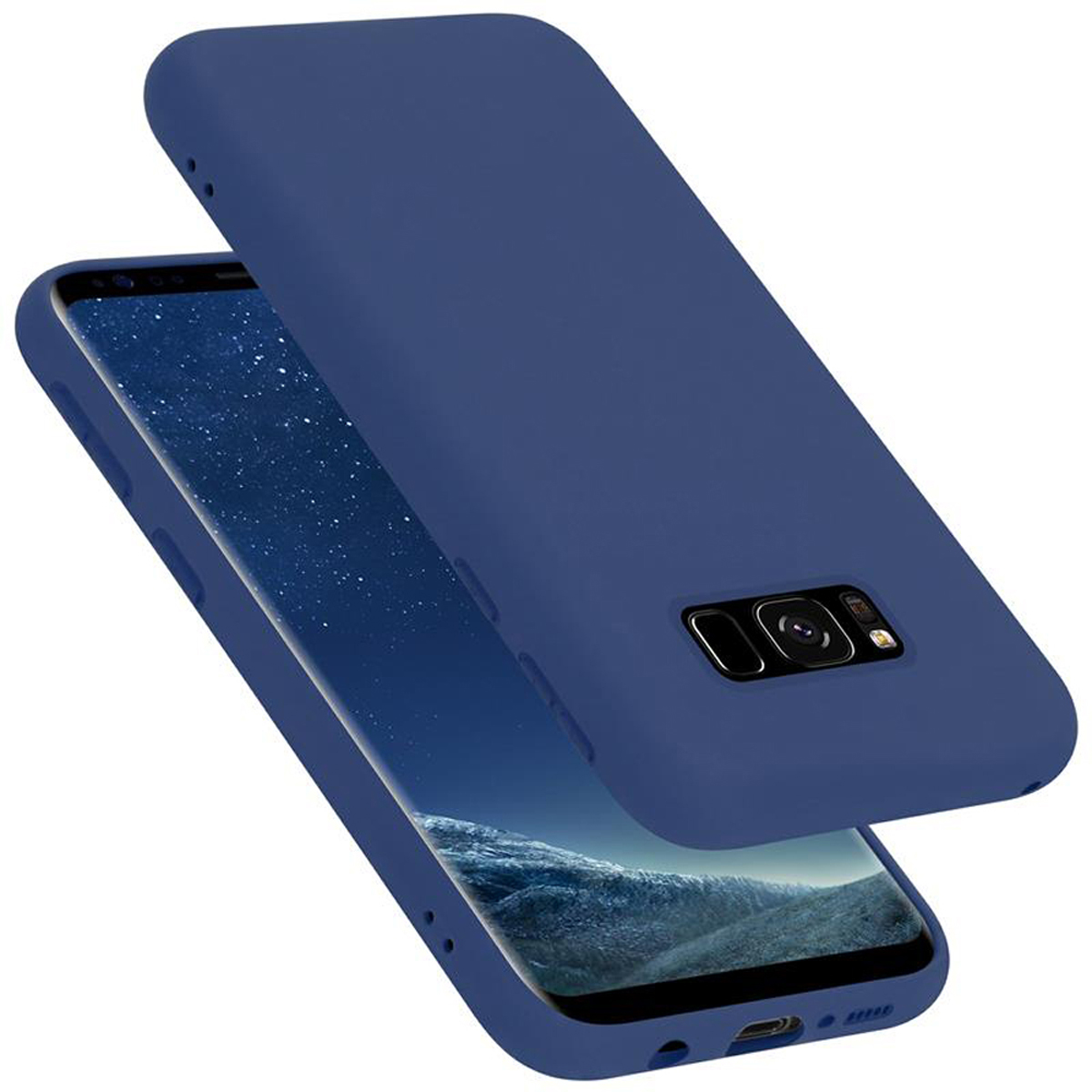 Blaue Handyhülle mit einem Telefon darin.