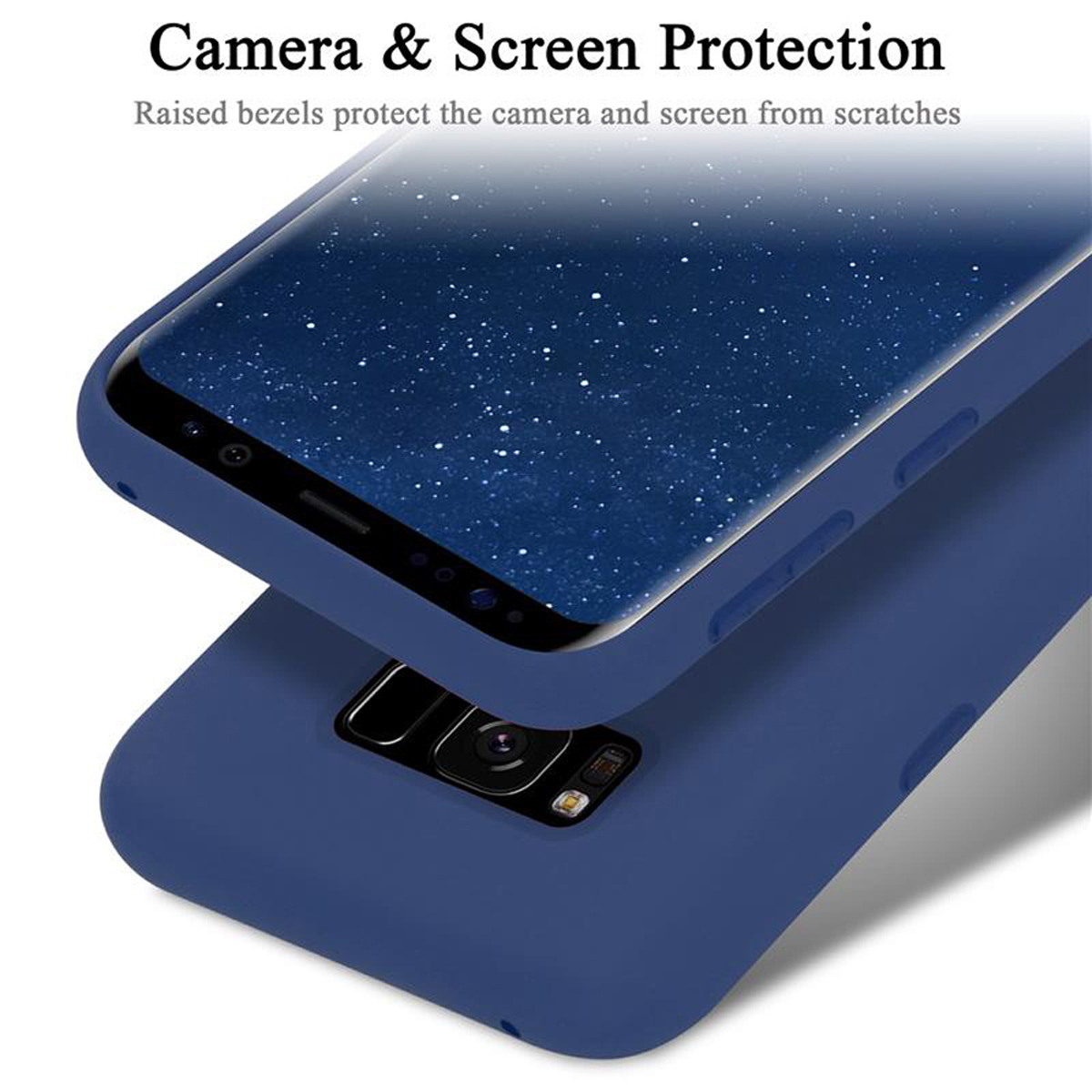 Dunkelblaue Handyhülle auf einer anderen, das Telefon ist sichtbar, vor weißem Hintergrund.