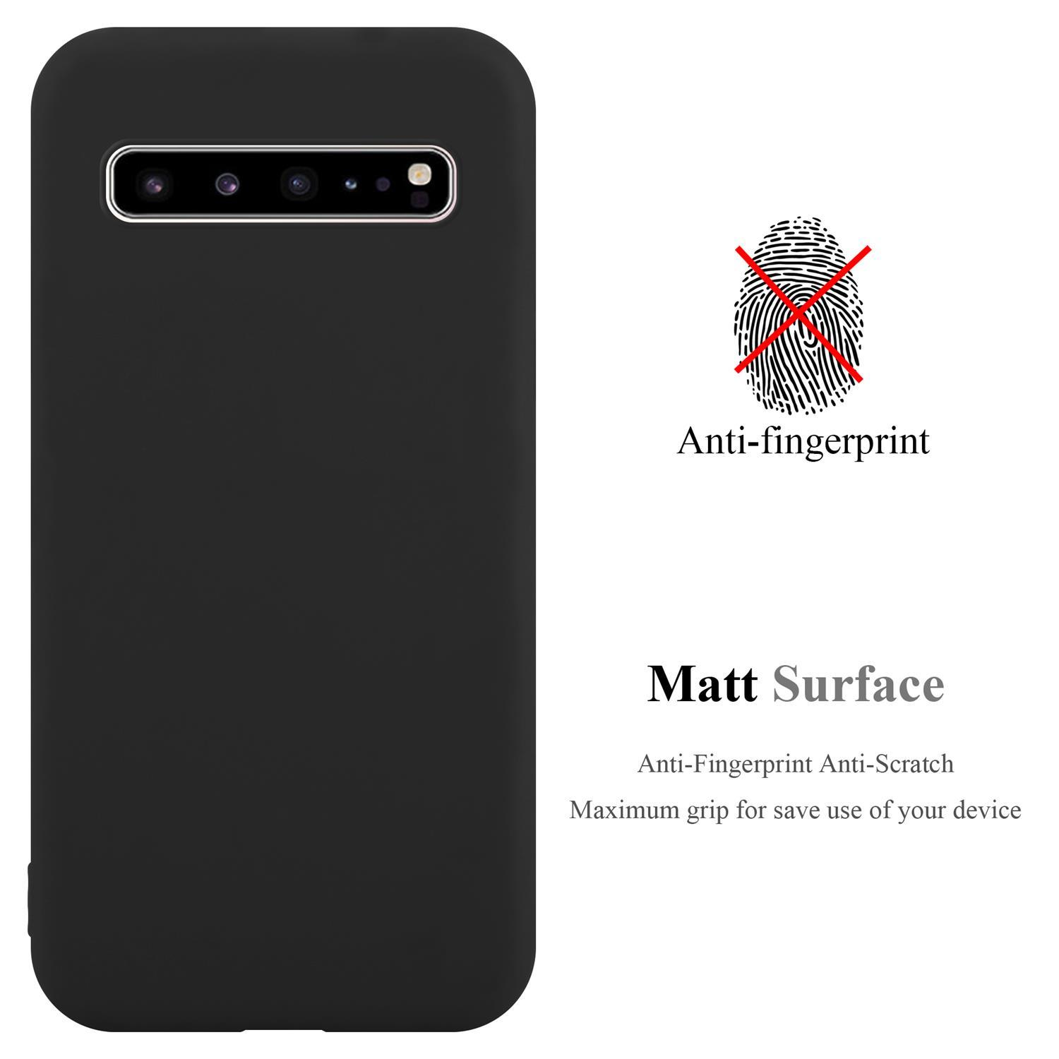 Schwarze Handyhülle. Anti-Fingerabdruck, matte Oberfläche. Text: Anti-Fingerabdruck, kratzfest, maximaler Grip zur sicheren Verwendung.