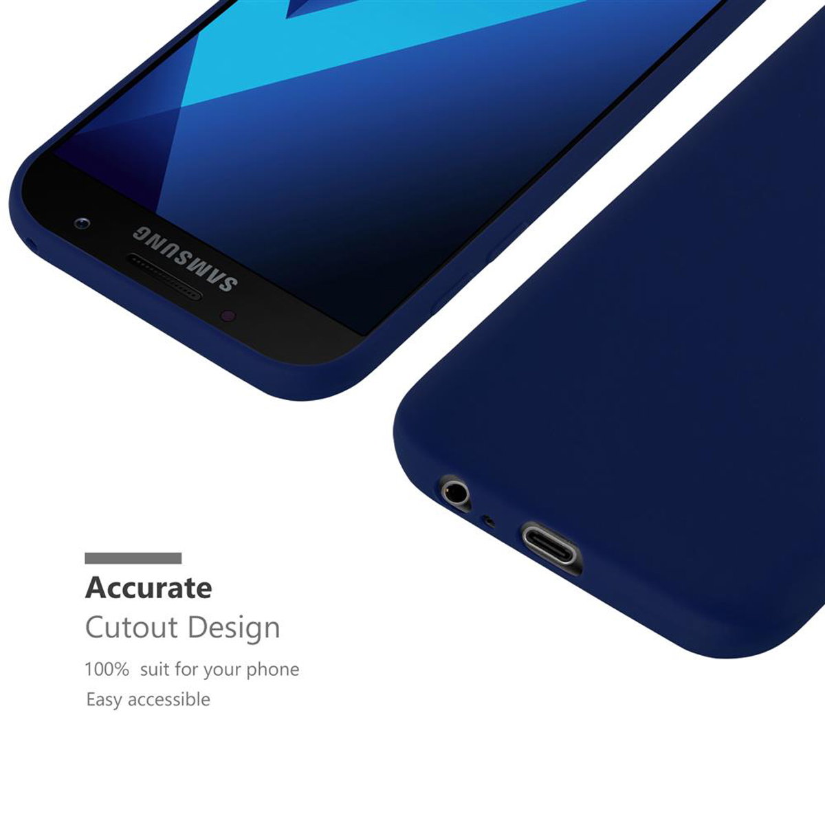 Primo piano di custodia blu scuro con ritagli precisi. Testo: 'Accurate Cutout Design'.