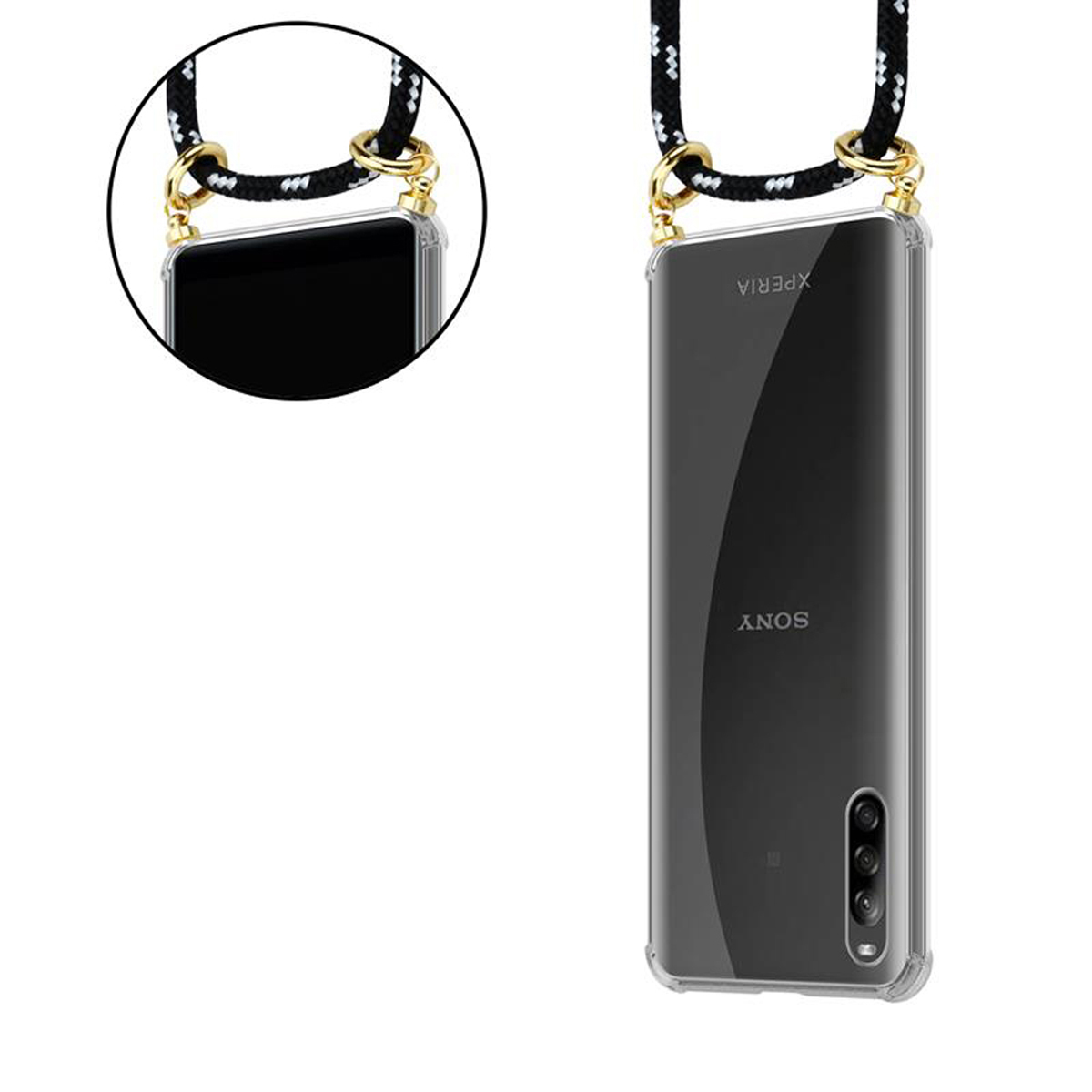 Un telefono in una custodia trasparente con un cordino bianco e nero. Sfondo bianco.
