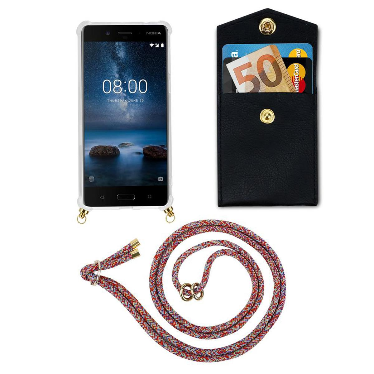 Telefon in einer Hülle mit Lanyard. Eine separate Tasche für Karten und Geld wird gezeigt.