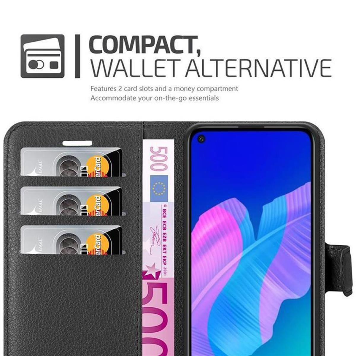 Custodia a portafoglio nera, scomparti per carte e denaro all'interno. Telefono con schermo blu.