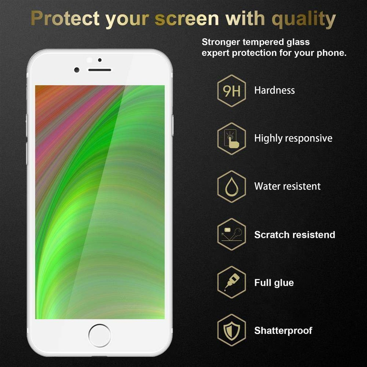 Un telefono bianco con una protezione per lo schermo. Ci sono icone che indicano la protezione dello schermo e le caratteristiche infrangibili.