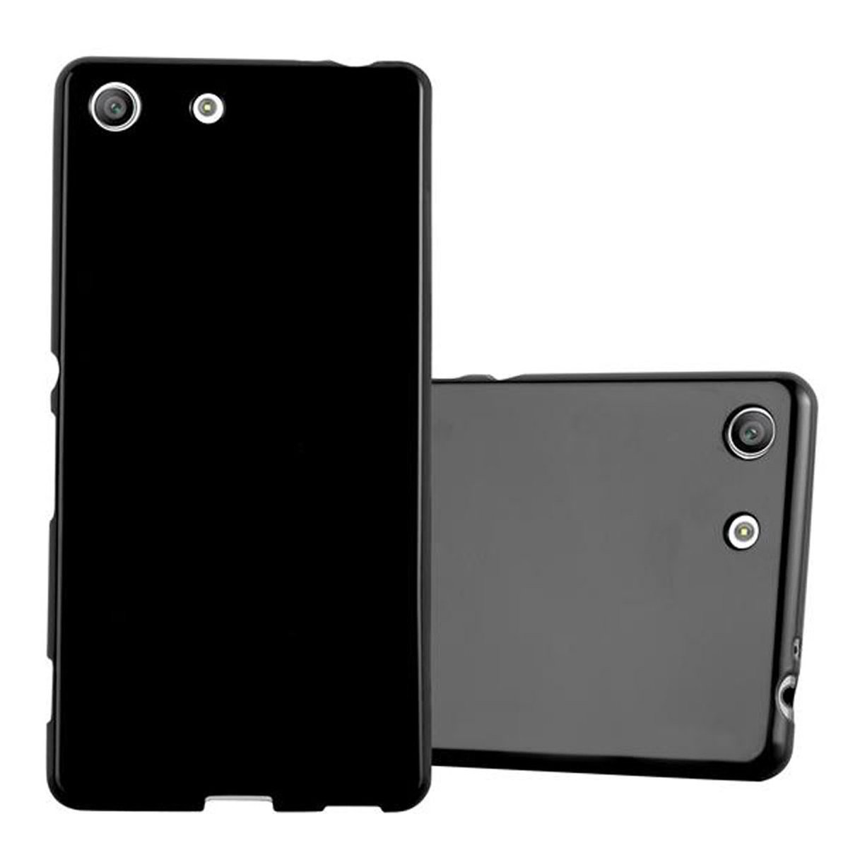 Due cover nere per telefono. Una in piedi, l'altra sdraiata. Entrambe hanno fori per la fotocamera.