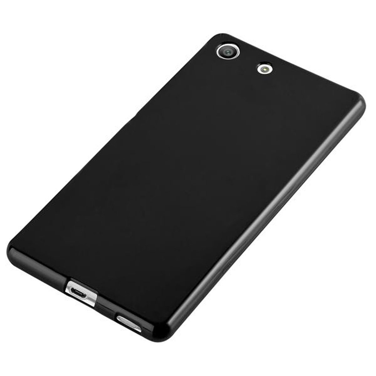 Custodia per telefono nera. Il telefono è piatto. Due fotocamere. La superficie è liscia e lucida.